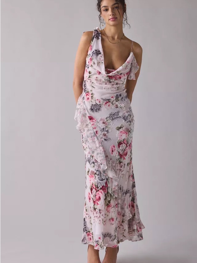 For Love & Lemons Pink Floral Cowl Neck Maxi Dress